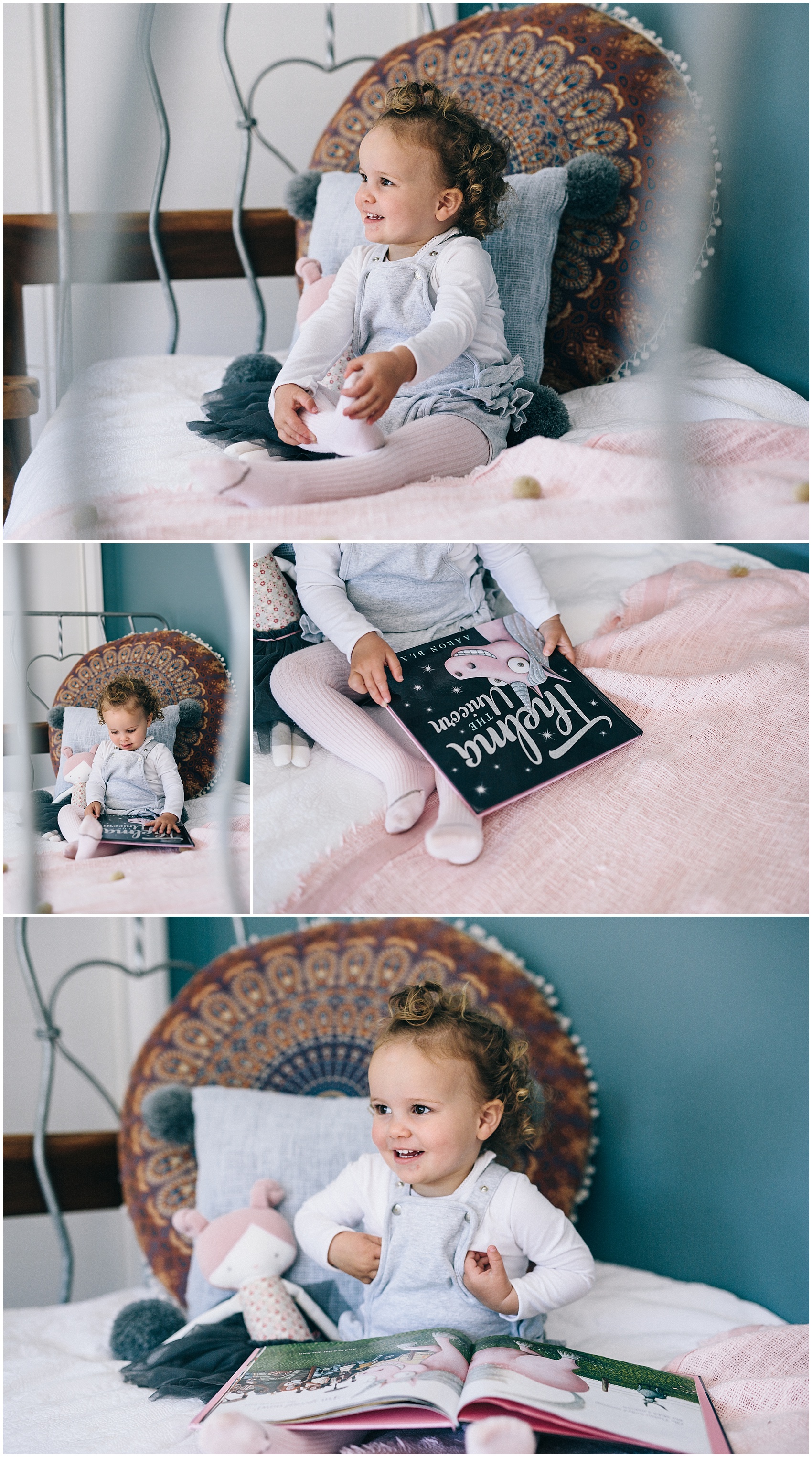 toddler on her bed reading